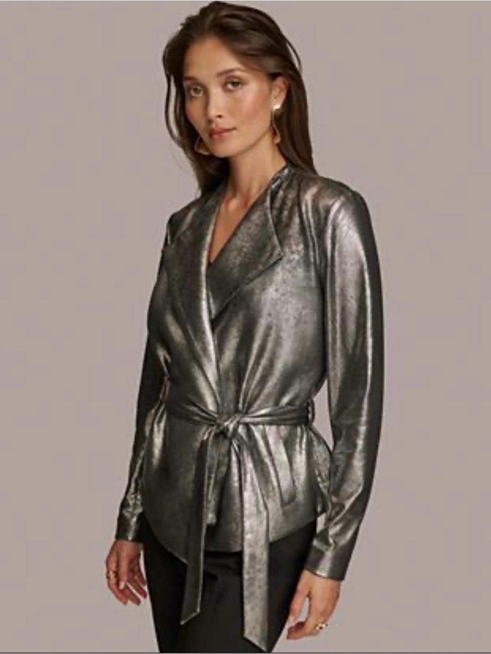 Donna Karan Metallic Silver Tie-Waist Blazer